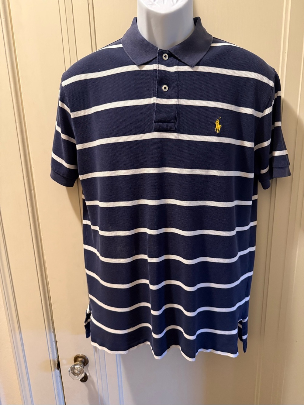Polo by Ralph Lauren Navy & White Striped Short-Sleeve Polo with Yellow Pony